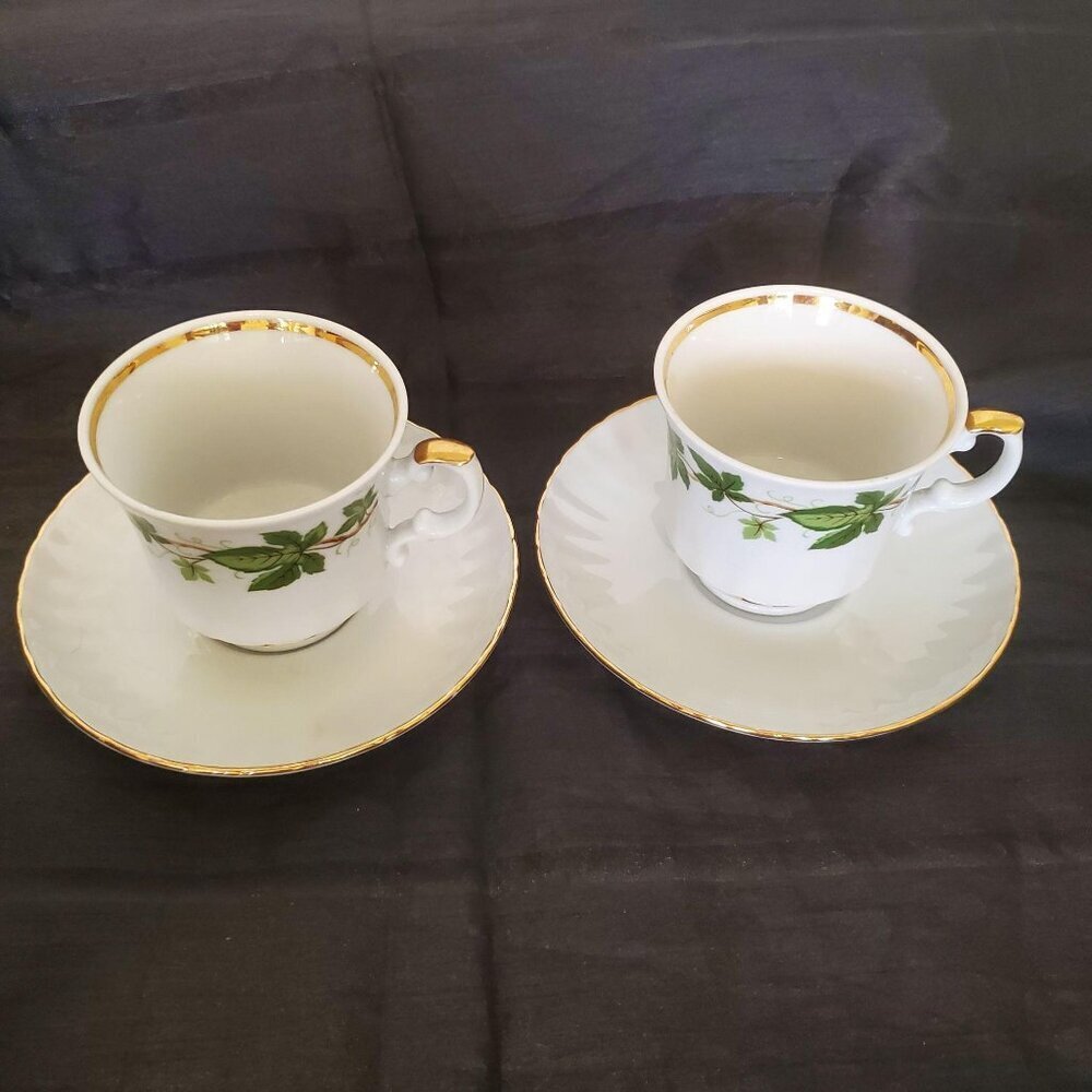 2 Winterling Bavaria Demitasse Cups Saucers Green Ivy Gold Trim Germany Vintage - Picture 4 of 8